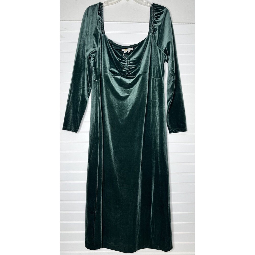 Velvet Long Sleeve Midi Dress - Deep Green